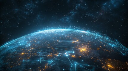 Obraz premium A global digital network spanning the entire planet, with luminous blue streams of light representing connections and the flow of information 