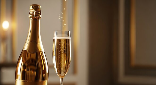 Golden champagne bottle and a glass filled with champagne, celebrate a special occasion and share with loved ones,