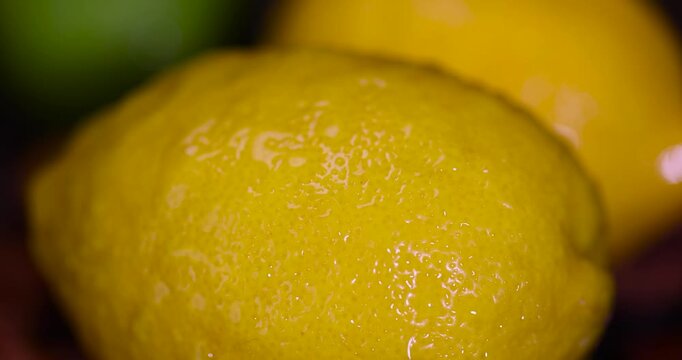 wet sweet and sour lemon and green limes lying on the table, ripe citrus fruits lemons and limes lying on a wooden table covered with drops of water
