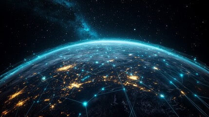 A global digital network spanning the entire planet, with luminous blue streams of light representing connections and the flow of information	