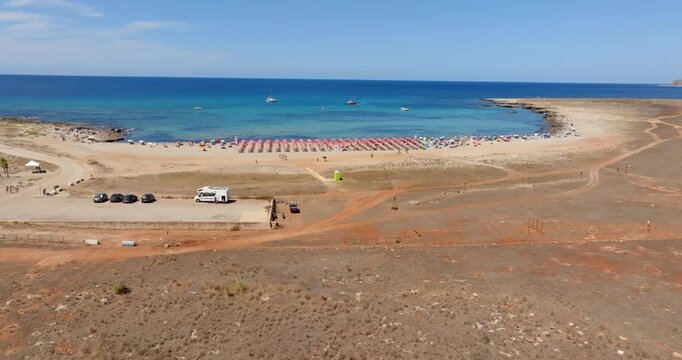 Aerial view of Macari Beach, located near San Vito Lo Capo, in province of Trapani, in Sicily, Italy. It is a beautiful coast with a turquoise and crystalline sea.
