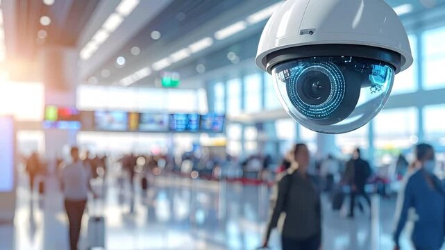Airport Security Camera Monitors Passengers, Surveillance, Safety.