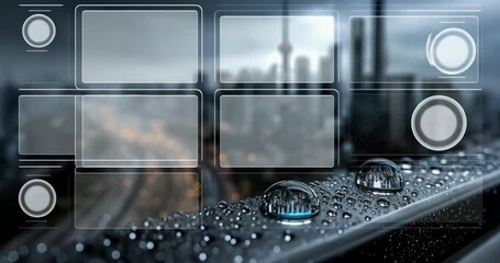 Cityscape Rain-Streaked Glass HUD Overlays Particles Reflections Contrast - Powered by Adobe