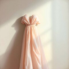 Flowing soft peach/pink dress or draped fabric hanging against a light wall, highlighted by warm natural sunlight and strong shadows. Romantic minimalist fashion.