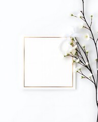 Square white card/tag mockup with gold border and ribbon, next to a delicate black branch with white blossoms. Clean, elegant, high-key spring/wedding design.