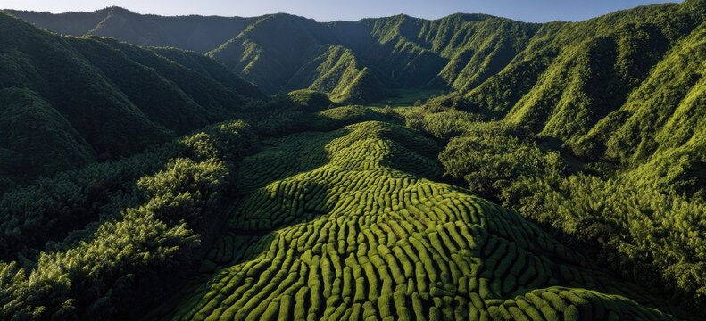 Aerial view of lush, green tea plantation sprawling across rolling hills and valleys