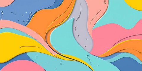 Abstract colorful background with flowing, soft 3D wave shapes and water droplets. Modern design with bright pastel colors (pink, blue, orange, yellow).