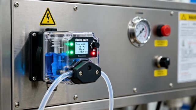 Medium shot of a chemical dosing pump regulating precise reagent flow in an industrial water treatment setup for automated chemical additions.