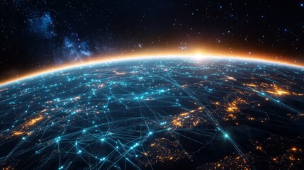 A global digital network spanning the entire planet, with luminous blue streams of light representing connections and the flow of information	