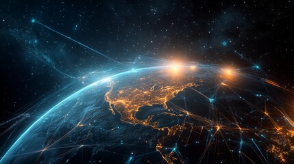 A global digital network spanning the entire planet, with luminous blue streams of light representing connections and the flow of information	