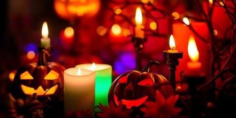Warm, spooky Halloween setting with glowing carved pumpkins, flickering candles (red, white, green), and blurred festive lights creating a cozy, dark atmosphere.