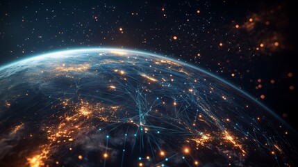A global digital network spanning the entire planet, with luminous blue streams of light representing connections and the flow of information	