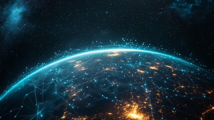 A global digital network spanning the entire planet, with luminous blue streams of light representing connections and the flow of information	