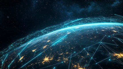 A global digital network spanning the entire planet, with luminous blue streams of light representing connections and the flow of information	