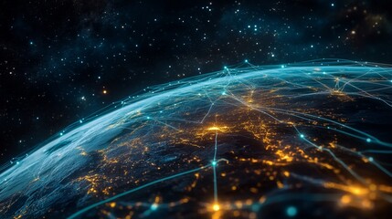 A global digital network spanning the entire planet, with luminous blue streams of light representing connections and the flow of information	