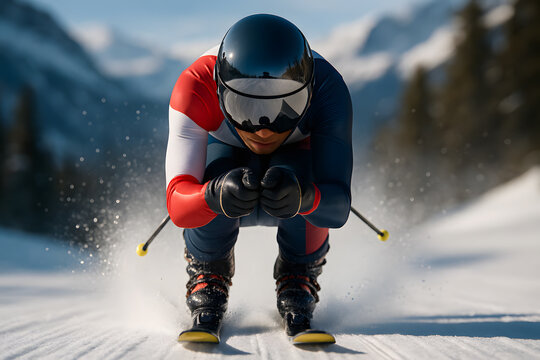 A Skier in a Tucked Position at High Speed