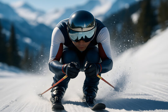A Skier in a Tucked Position at High Speed