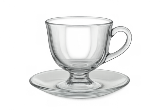 Empty clear glass teacup with saucer, transparent drinkware for tea or coffee, isolated object on background