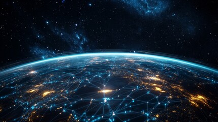 A global digital network spanning the entire planet, with luminous blue streams of light representing connections and the flow of information	