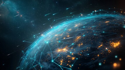 A global digital network spanning the entire planet, with luminous blue streams of light representing connections and the flow of information	