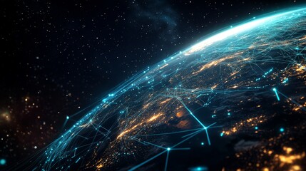 A global digital network spanning the entire planet, with luminous blue streams of light representing connections and the flow of information	
