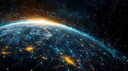 A global digital network spanning the entire planet, with luminous blue streams of light representing connections and the flow of information	