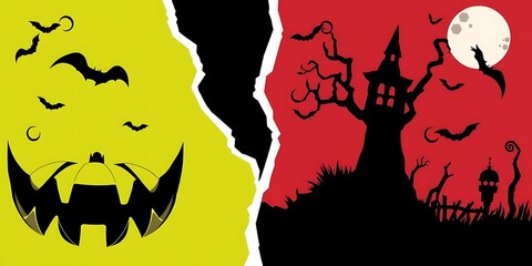 Split-screen Halloween vector illustration: one side features a scary pumpkin face and bats on yellow, the other a haunted house silhouette and moon on red. Comic book style.