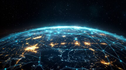 A global digital network spanning the entire planet, with luminous blue streams of light representing connections and the flow of information	