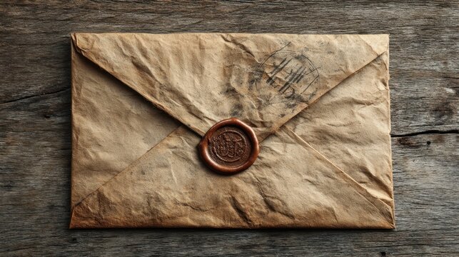 A vintage envelope with a wax seal sits gracefully on a weathered wooden table inviting curiosity.