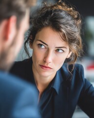 Obraz premium Businesswoman leaning forward attentively while listening to a coworker during a conversation.