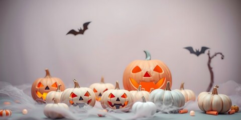 A spooky Halloween scene with carved pumpkins, bats, and misty cobwebs, perfect for seasonal themes.