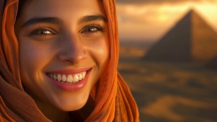 Ancient Wonders: A woman with vibrant eyes wrapped in a headscarf radiates warmth, her smile mirroring the majesty of a pyramid standing tall against a glowing sky. - Powered by Adobe