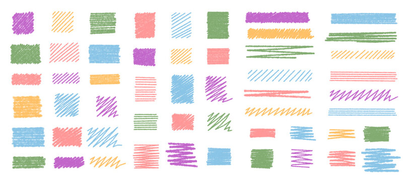 Pastel highlight stroke and crayon sketch underline set. Scribble rectangle element with chalk style in multicolor graphic. Hand drawn look, clean background, creative accent for modern template