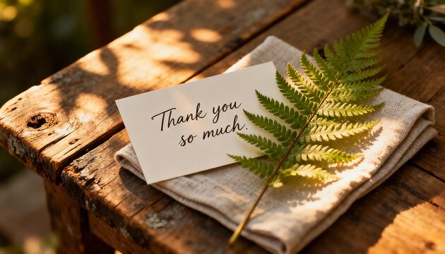 Express heartfelt gratitude with a charming thank you so much note and vibrant green fern on rustic wooden table, creating a warm and sincere message