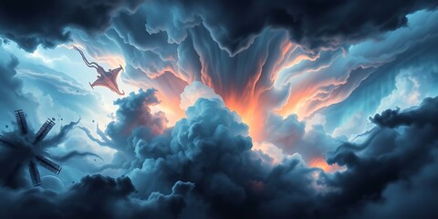 Vibrant, chaotic storm cloud vortex with an orange core and flying debris. Represents apocalypse, extreme weather, power, danger, and fantasy or sci-fi disaster.