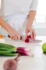 Unrecognizable woman chopping fresh beet for healthy cooking, preparing organic vegetables in kitchen home
