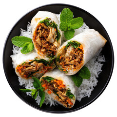 Three spring rolls on a bed of rice, garnished with fresh mint