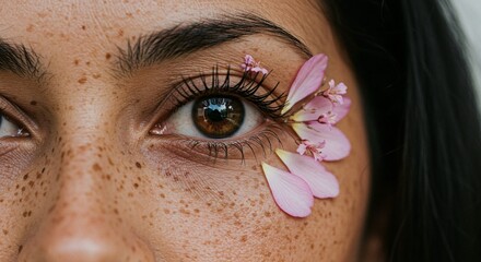 Close-up of a person's eye with pink flower petals delicately placed near the eyelashes, skin texture.