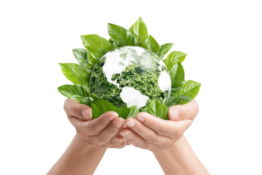 Earth nestled in protective hands, surrounded by leaves