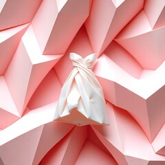 Soft satin object resembling a dress suspended against a vibrant pink, low-poly background. Represents luxury, geometry, fashion, and abstract beauty in 3D design.