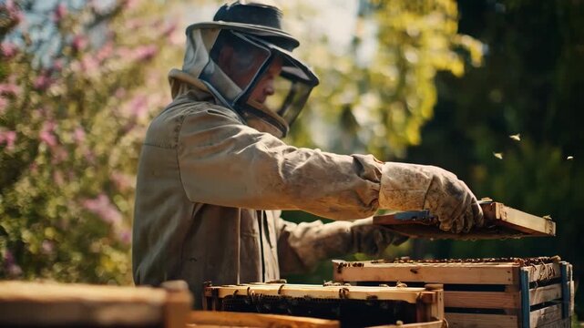 Footage of beekeeper inspecting hive frames while adjusting ventilation systems to promote airflow and alleviate stress conditions for honeybees.