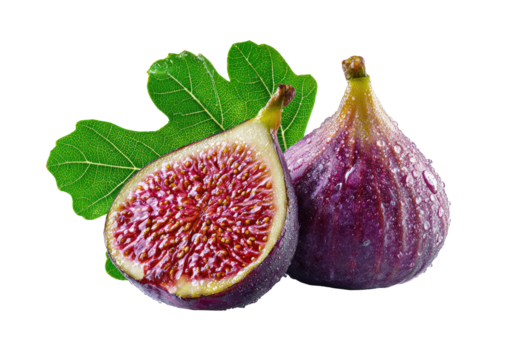 Two fresh figs, one halved, displaying vibrant purple-red flesh with tiny seeds.  A verdant leaf rests beside them.  Water droplets adorn the figs, enhancing their natural beauty