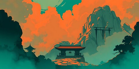 Stylized Japanese temple nestled in a mountain valley with a Torii gate. Features vibrant orange clouds and teal mist, capturing a serene, spiritual Asian landscape.