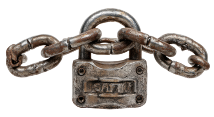 A rusted metal padlock secured by heavy chains