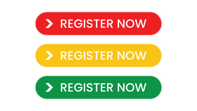 Colorful register now button vector design set with red yellow green styles modern web interface layout for digital marketing app website banner template and call to action concept