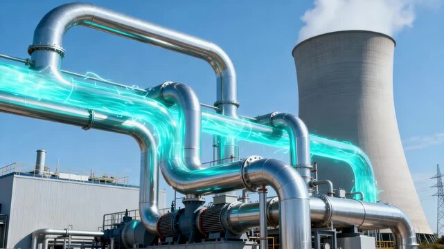 Medium shot of a compact binary cycle power plant featuring a streamlined secondary fluid loop generating efficient green electricity against a clear sky backdrop.