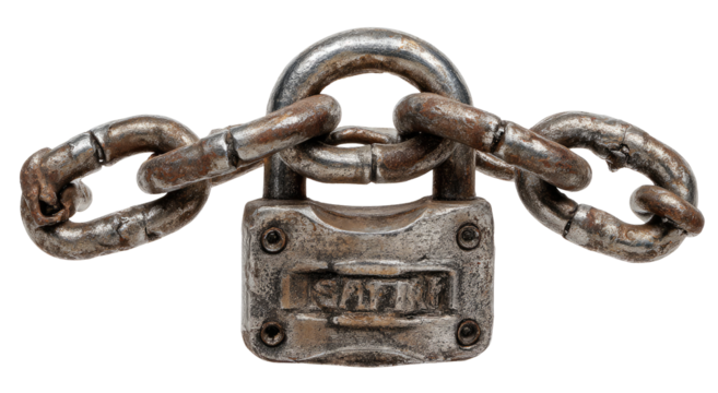 A rusted metal padlock secured by heavy chains