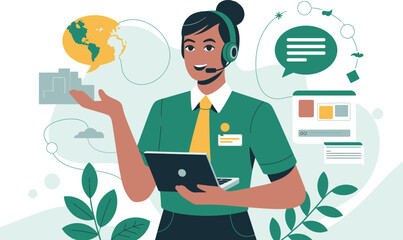 Friendly customer service representative with headset holding tablet and gesturing towards speech bubbles vector illustration for global support
