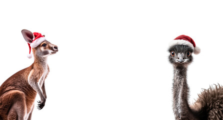 waist-up pair of australian animals: font view of cute ostrich (emu) bird and profile of adorable kangaroo; both are wearing red christmas hats, isolated over white (transparent) background