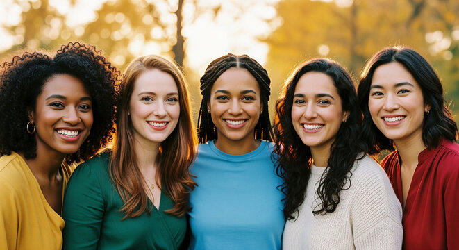Portrait of five smiling diverse women friends together outdoors in warm golden light.
